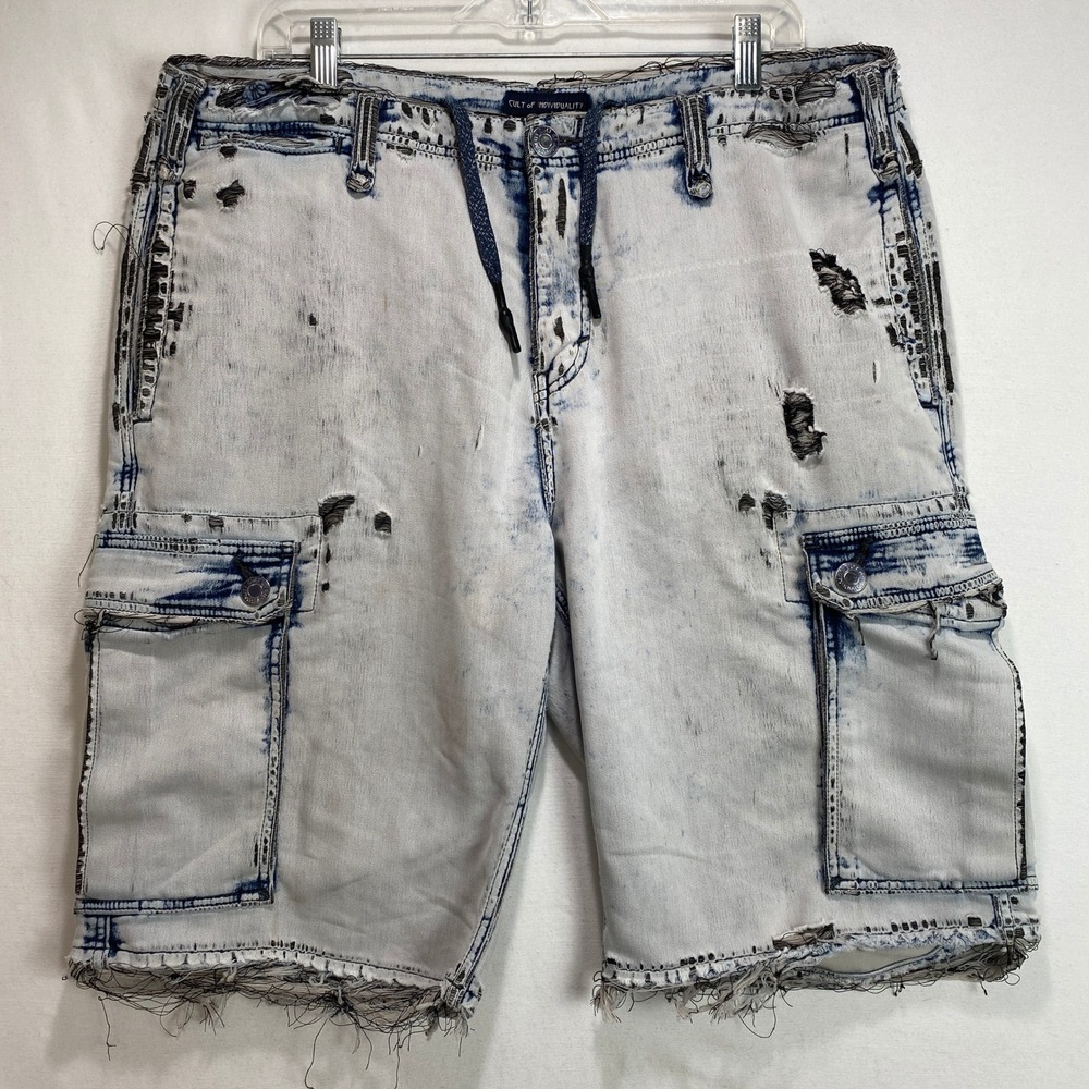 Cult of Individuality Union Cargo Short Mens 36 Blue Acid Wash Distressed Frayed